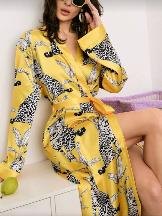 Other - •Lounging in Leopard• Yellow Animal Print Satin Kimono Robe | Belted Loungewear